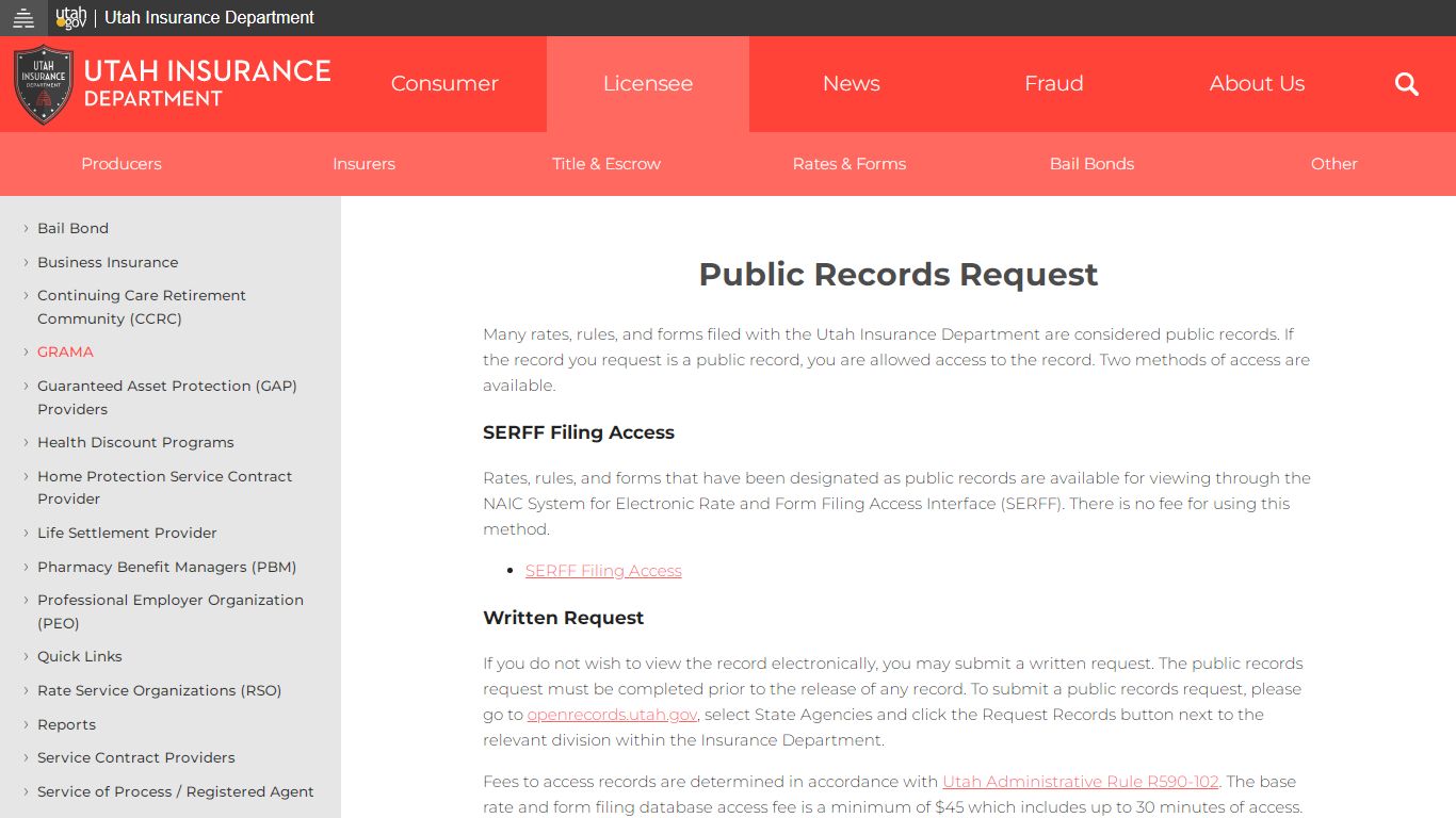 Public Records Request | Utah Insurance Department